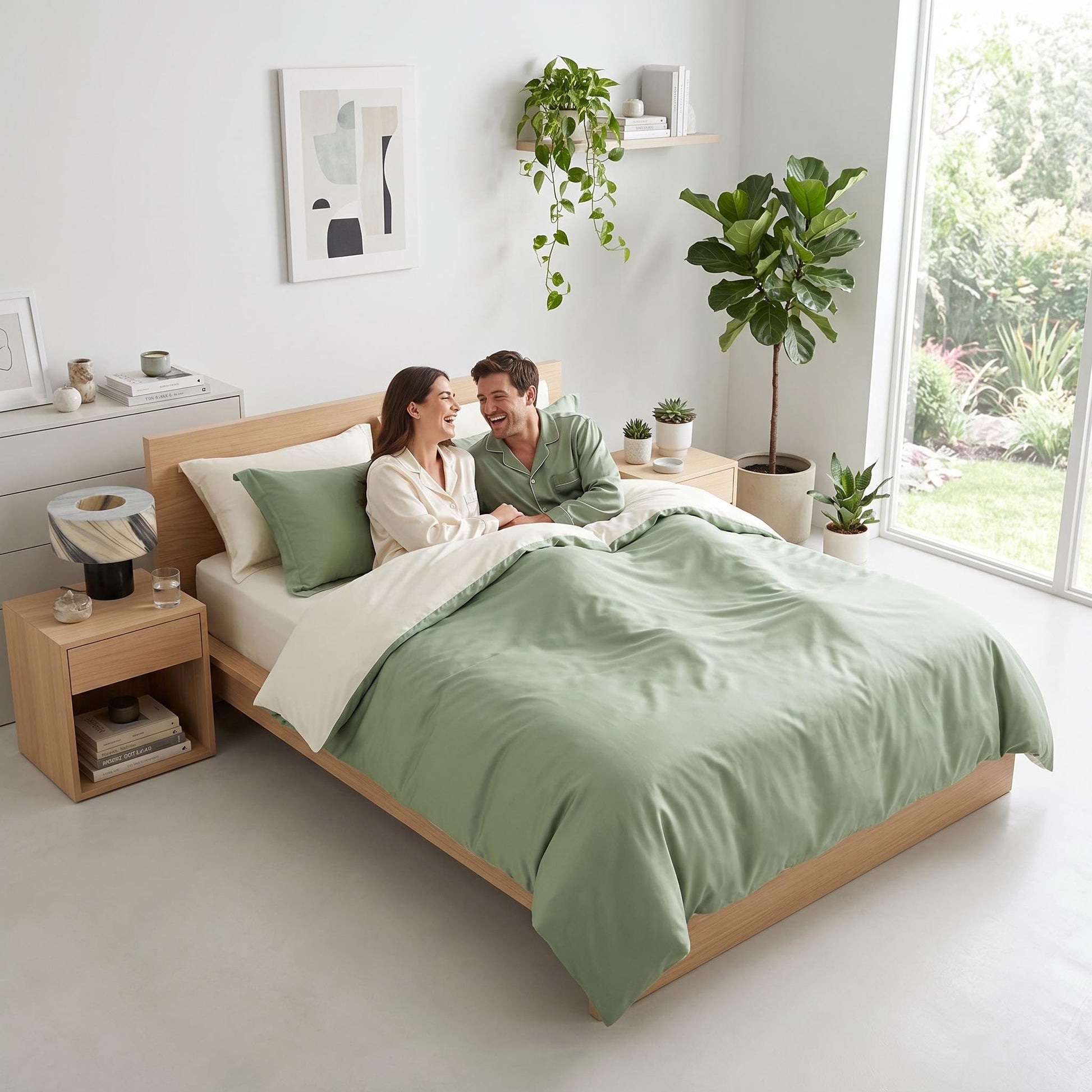 Elegant organic cotton bedding set in soft sage green and cream on a wooden bed, with a couple relaxing.