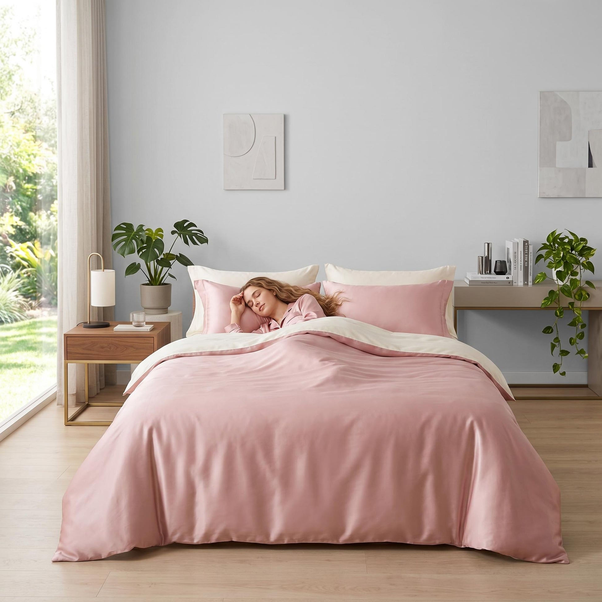 Elegant organic cotton bedding set in soft pink with a sateen weave, featuring a duvet cover, flat sheet, and pillowcases.