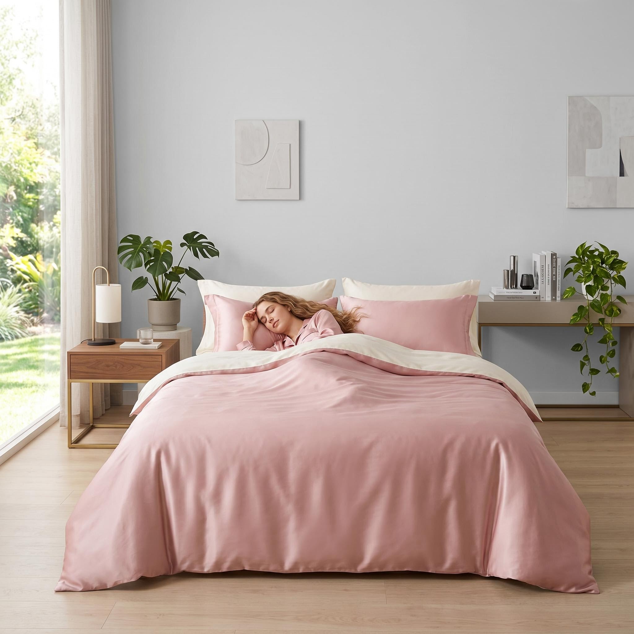 Elegant organic cotton bedding set in soft pink with a sateen weave, featuring a duvet cover, flat sheet, and pillowcases.