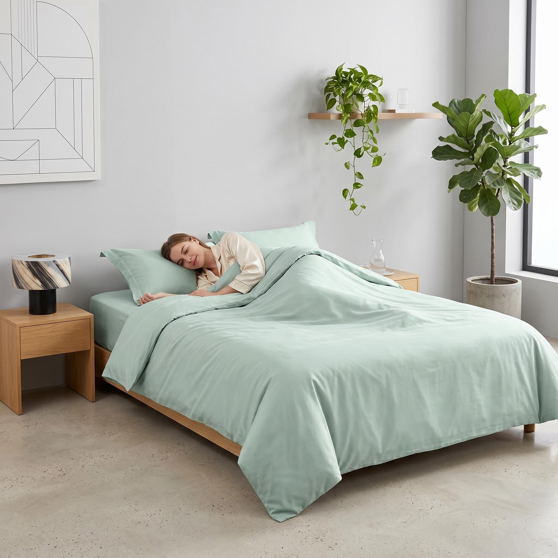 Woman sleeping comfortably in an elegant mint green organic cotton sateen bedding set with duvet cover, flat sheet, and pillowcases.