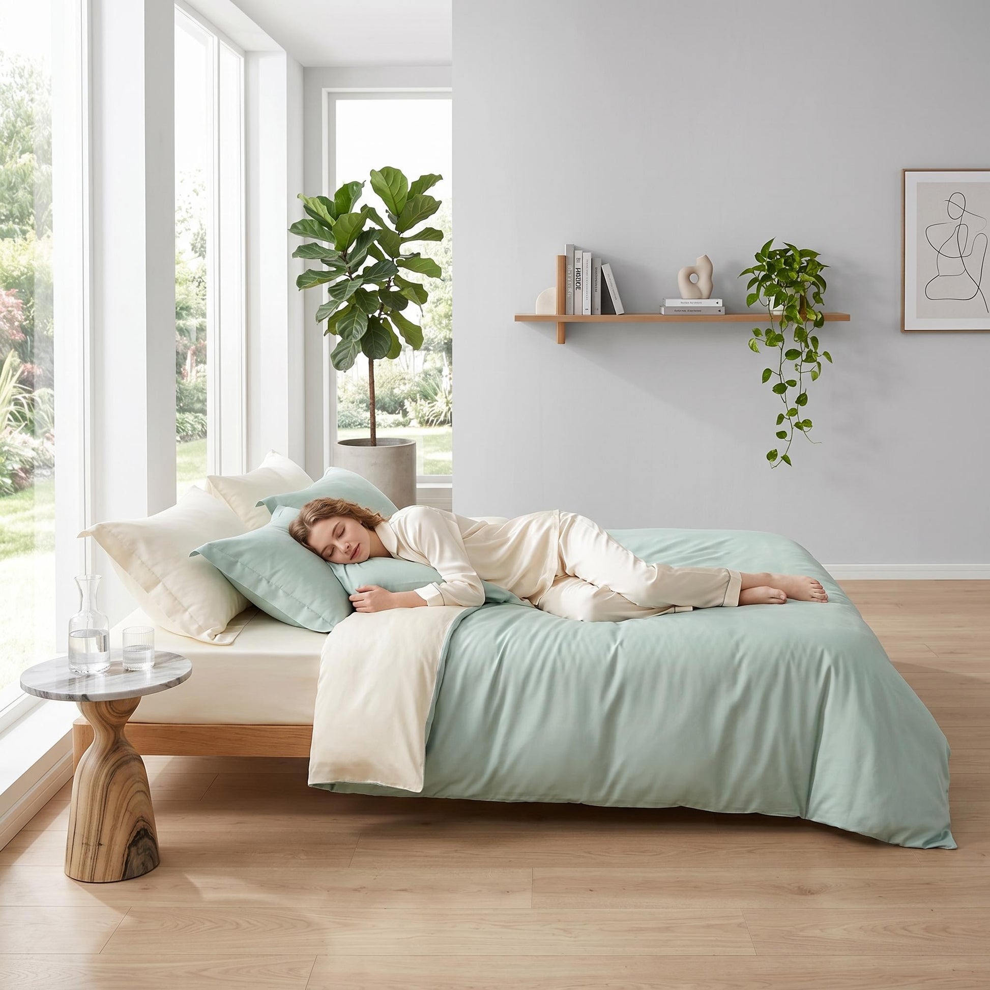 Woman sleeping soundly on an elegant organic cotton bedding set in soft sage green and cream.