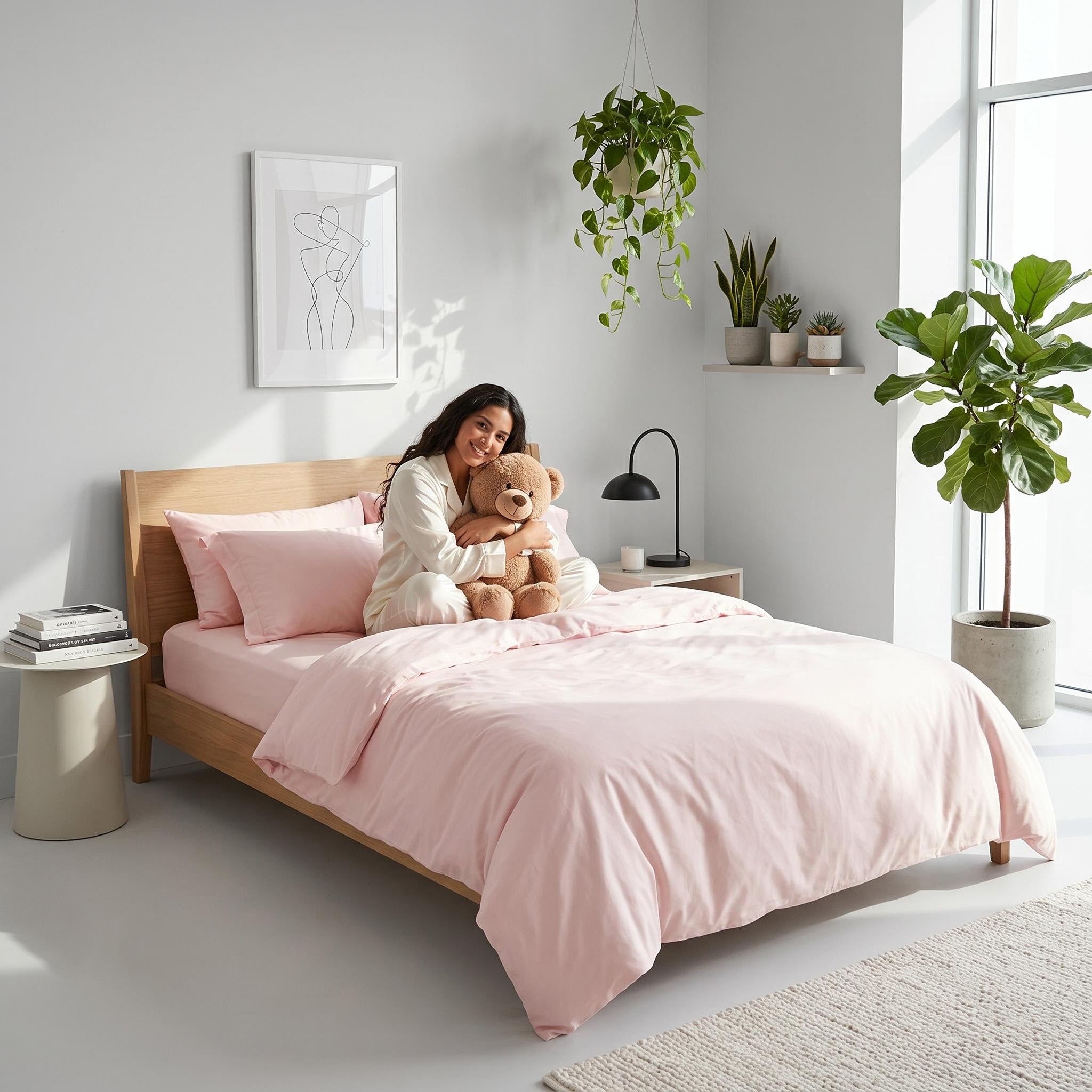 Elegant organic cotton bedding set in soft pink, featuring a sateen weave on a wooden bed.
