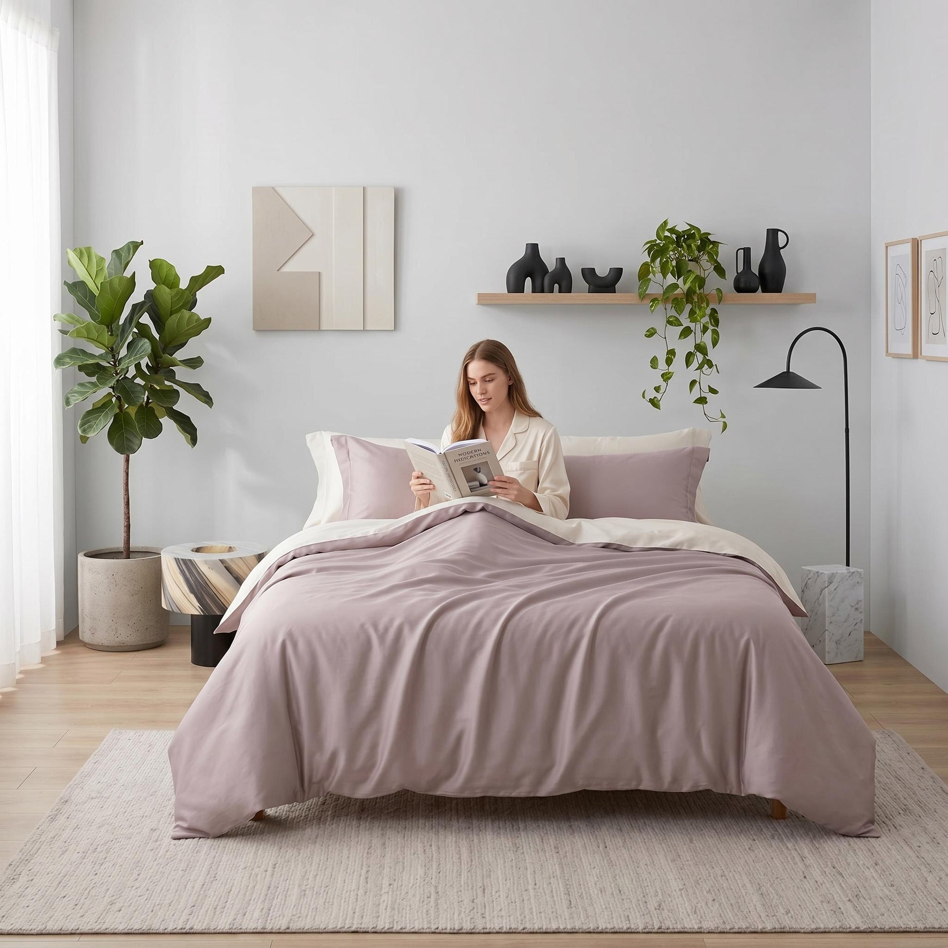 Elegant organic cotton bedding set in soft mauve with a sateen weave, featuring a duvet cover, flat sheet, and pillowcases.