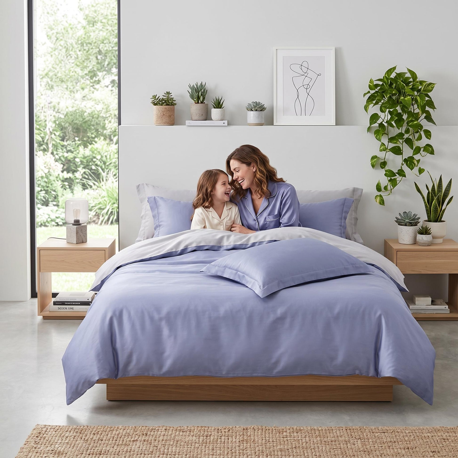 Elegant lavender organic cotton bedding set with sateen weave, featuring a duvet cover, flat sheet, and pillowcases.