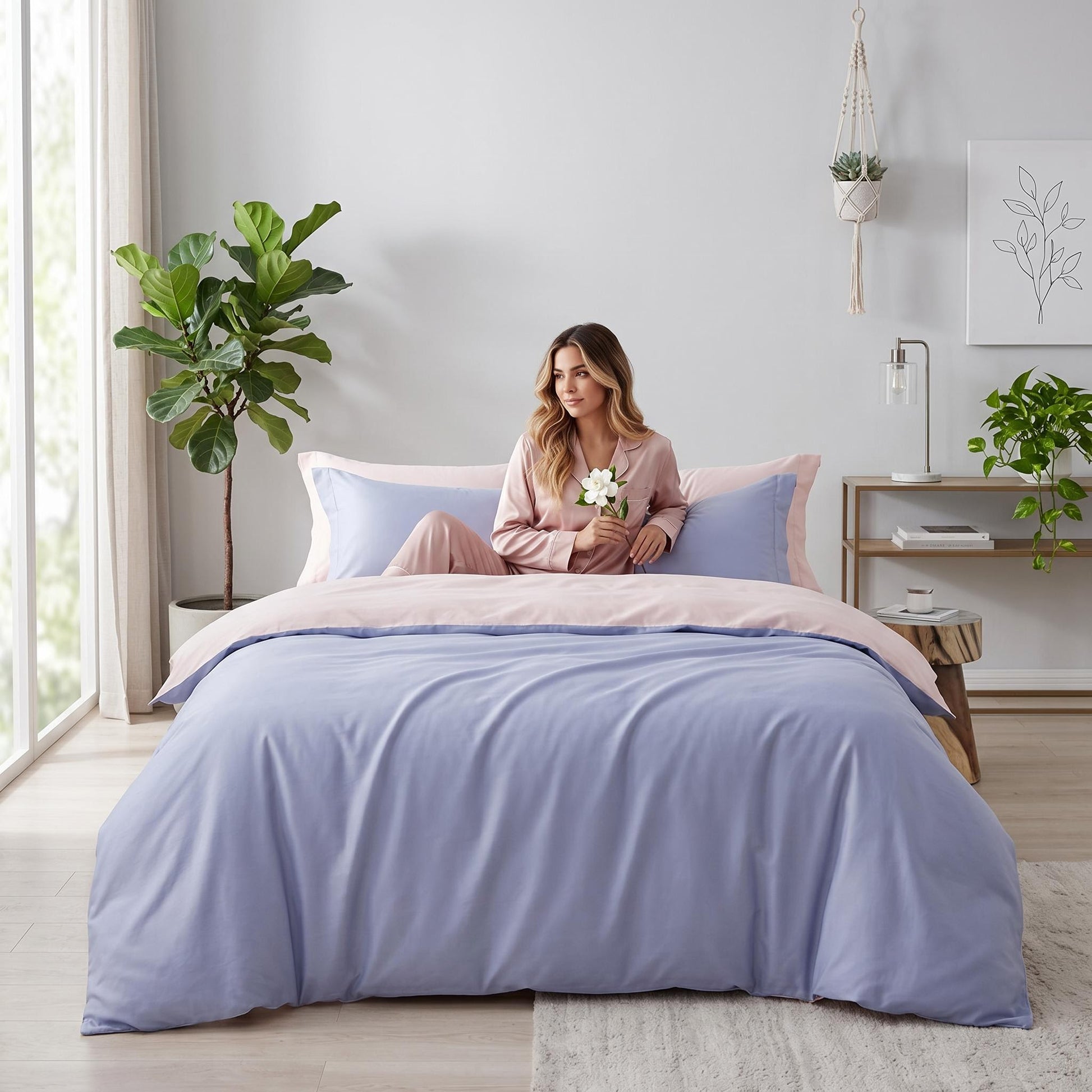Elegant organic cotton bedding set with a light blue duvet cover, pink flat sheet, and pillowcases.