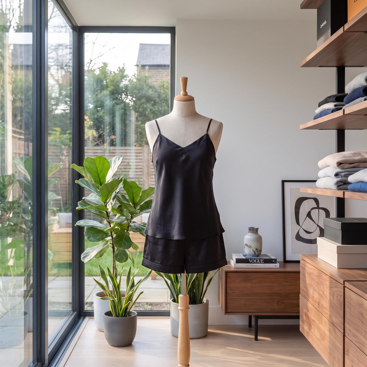 Elegant black silk pajama set with a V-neck camisole and matching shorts on a mannequin in a modern room.