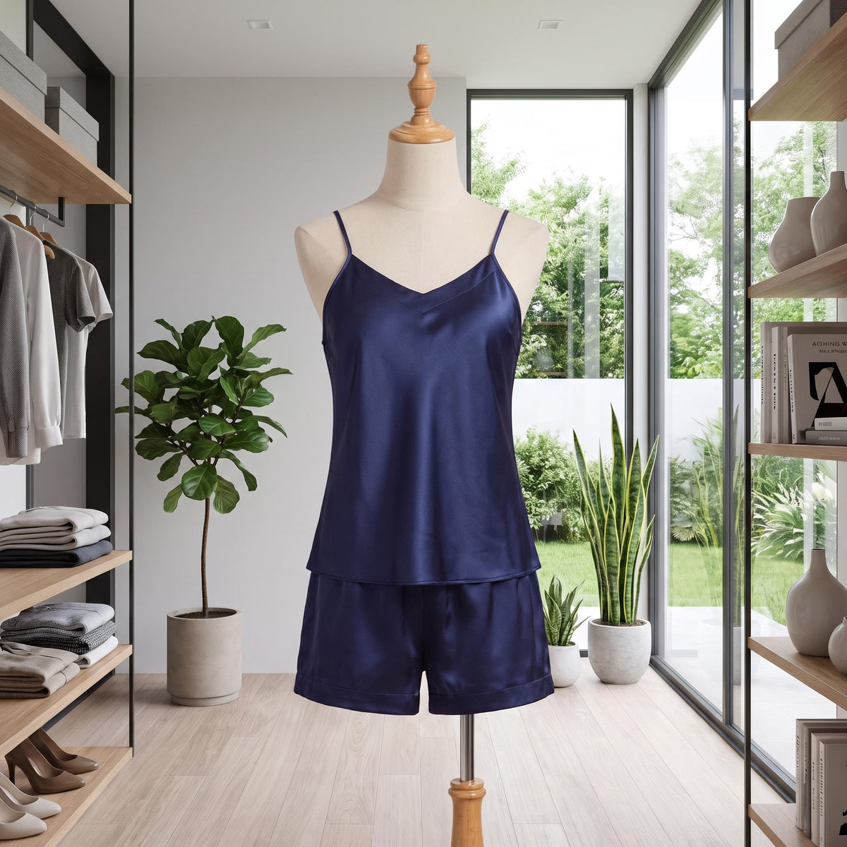 Navy blue silk pajama set with a V-neck camisole and matching shorts on a mannequin in a modern room.