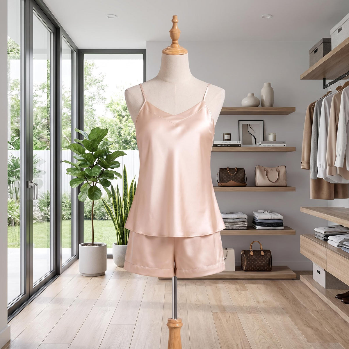 Elegant blush pink silk pajama set with a V-neck camisole and matching shorts on a mannequin in a modern closet.