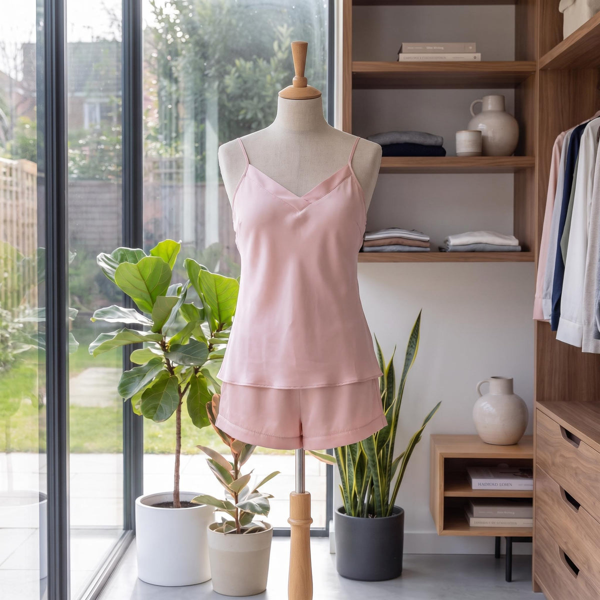 Elegant pink silk pajama set with a V-neck camisole and matching shorts displayed on a mannequin.