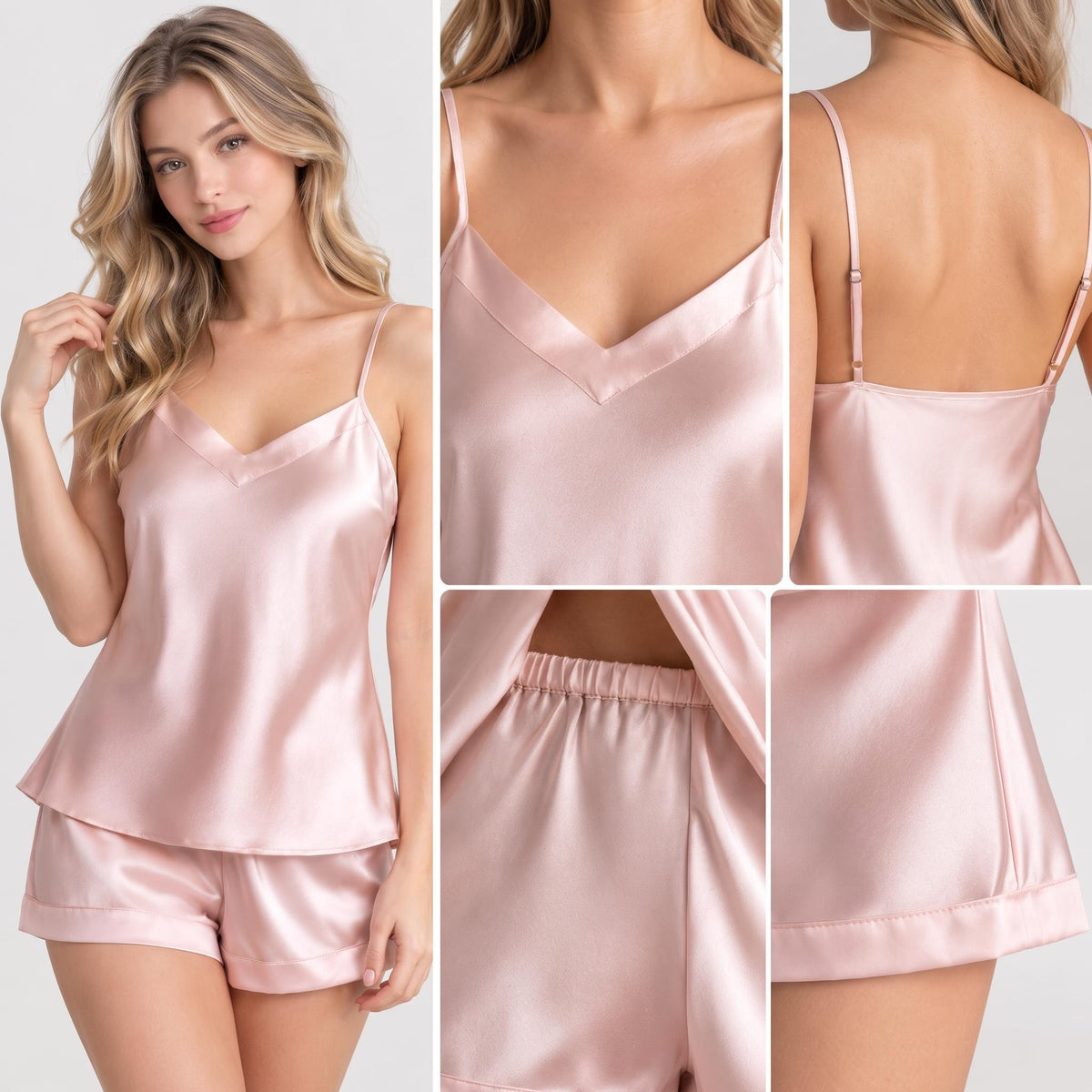 Elegant pink silk pajama set featuring a V-neck camisole with spaghetti straps and matching shorts with an elastic waistband.