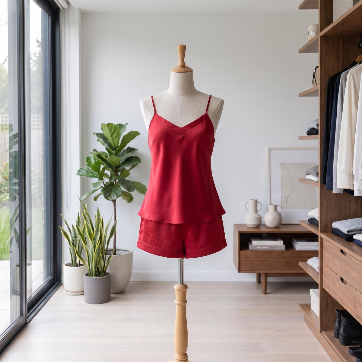 Red silk pajama set featuring a V-neck camisole with spaghetti straps and matching elastic-waist shorts on a mannequin.