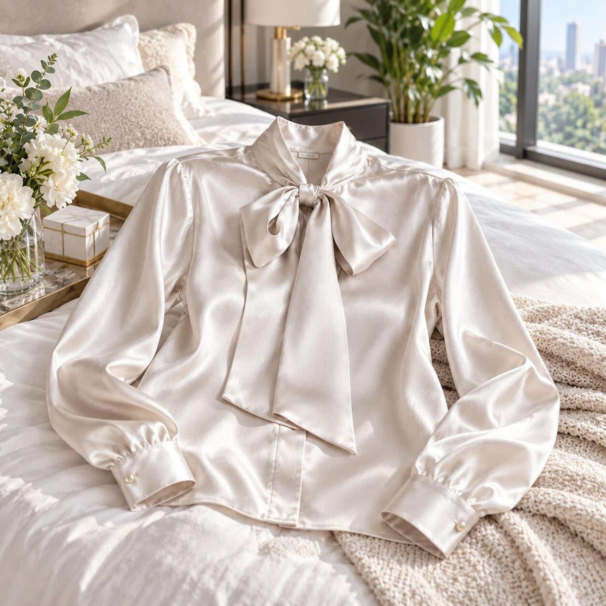 Elegant Silk Tie Neck Women's Blouse with Long Sleeves-Blouses-Glompi-Glompi