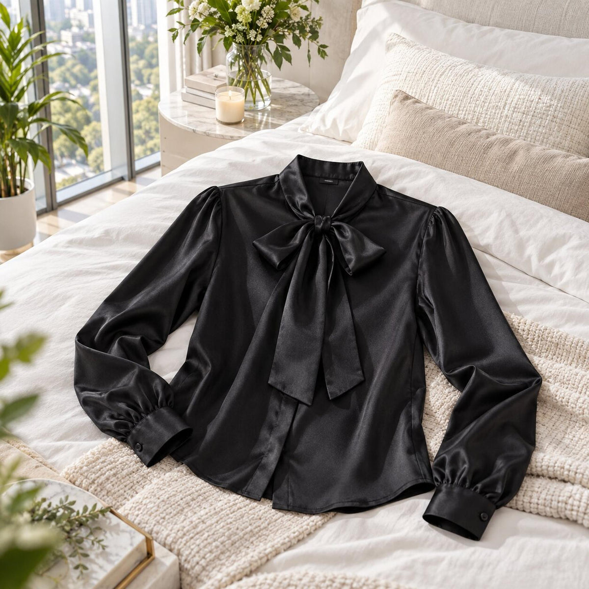 Elegant Silk Tie Neck Women's Blouse with Long Sleeves-Blouses-Glompi-Glompi