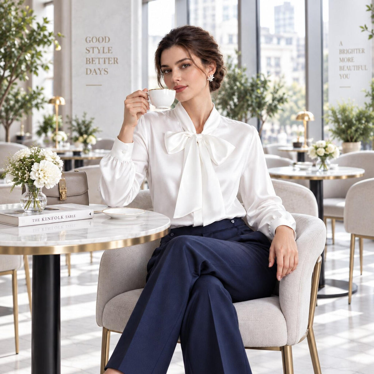 Elegant Silk Tie Neck Women's Blouse with Long Sleeves-Blouses-Glompi-Glompi