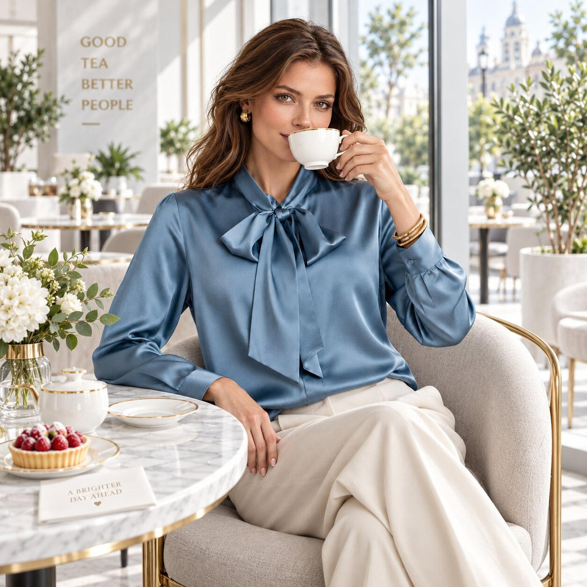 Elegant Silk Tie Neck Women's Blouse with Long Sleeves-Blouses-Glompi-Glompi