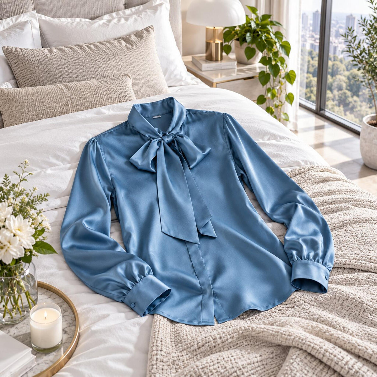 Elegant Silk Tie Neck Women's Blouse with Long Sleeves-Blouses-Glompi-Glompi