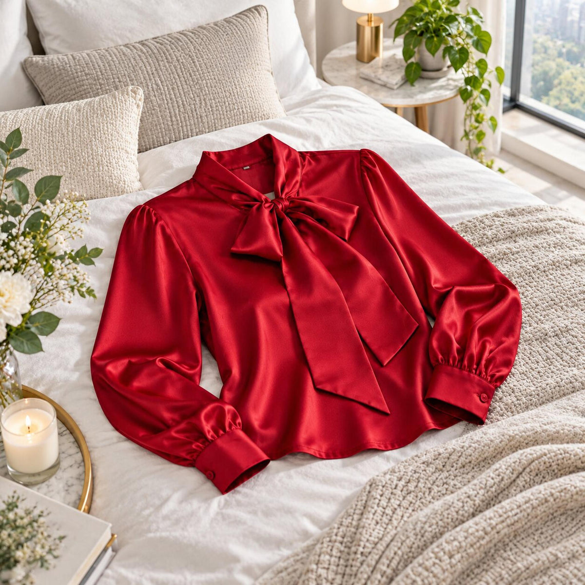 Elegant Silk Tie Neck Women's Blouse with Long Sleeves-Blouses-Glompi-Glompi