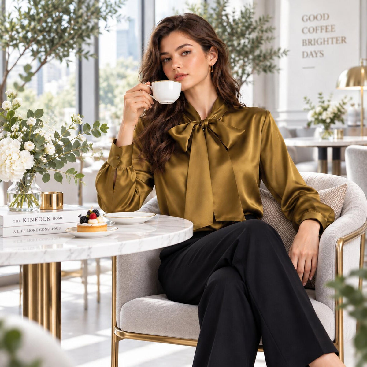 Elegant Silk Tie Neck Women's Blouse with Long Sleeves-Blouses-Glompi-Glompi