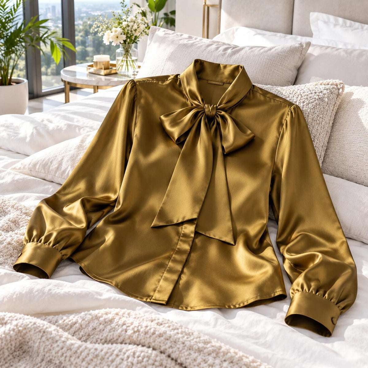 Elegant Silk Tie Neck Women's Blouse with Long Sleeves-Blouses-Glompi-Glompi