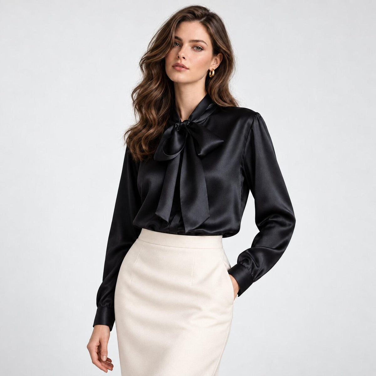 Elegant Silk Tie Neck Women's Blouse with Long Sleeves-Blouses-Glompi-Black-Small-Glompi