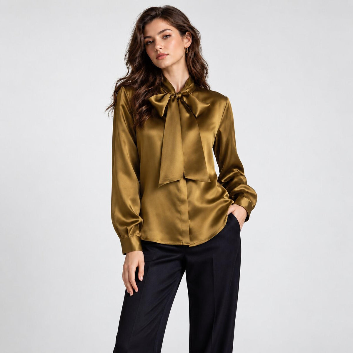 Elegant Silk Tie Neck Women's Blouse with Long Sleeves-Blouses-Glompi-Golden Brown-Small-Glompi