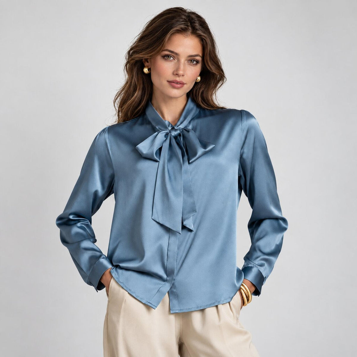 Elegant Silk Tie Neck Women's Blouse with Long Sleeves-Blouses-Glompi-Grayish Blue-Small-Glompi
