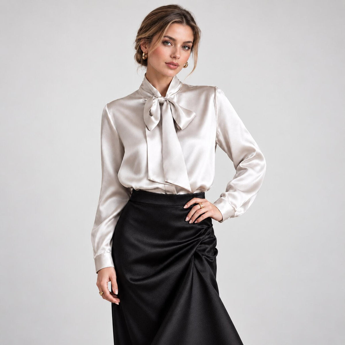 Elegant Silk Tie Neck Women's Blouse with Long Sleeves-Blouses-Glompi-Silvery Gray-Small-Glompi