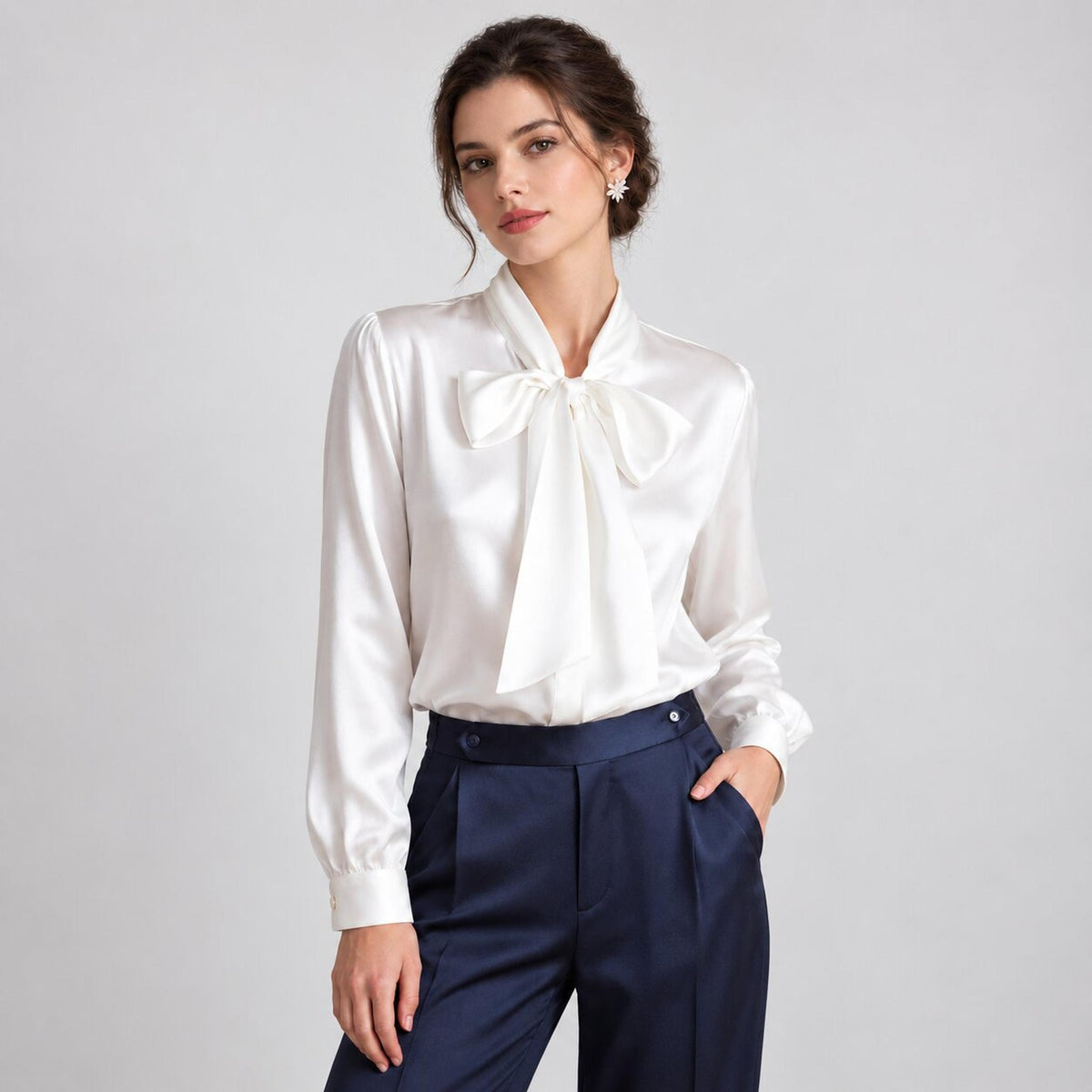 Elegant Silk Tie Neck Women's Blouse with Long Sleeves-Blouses-Glompi-White-Small-Glompi
