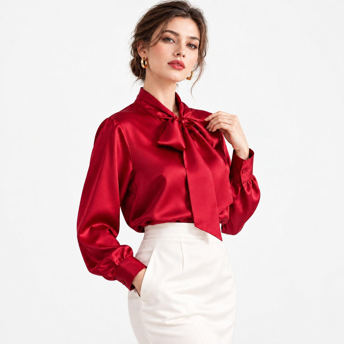 Elegant Silk Tie Neck Women's Blouse with Long Sleeves-Blouses-Glompi-Wine-Small-Glompi