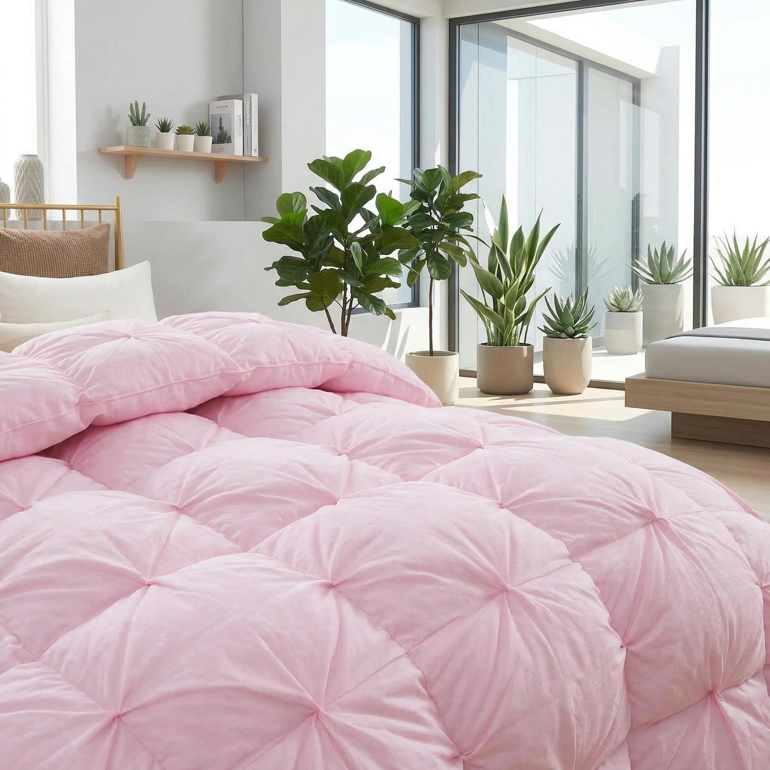 Pink goose down quilt comforter with a twist flower design on a bed in a bright room.