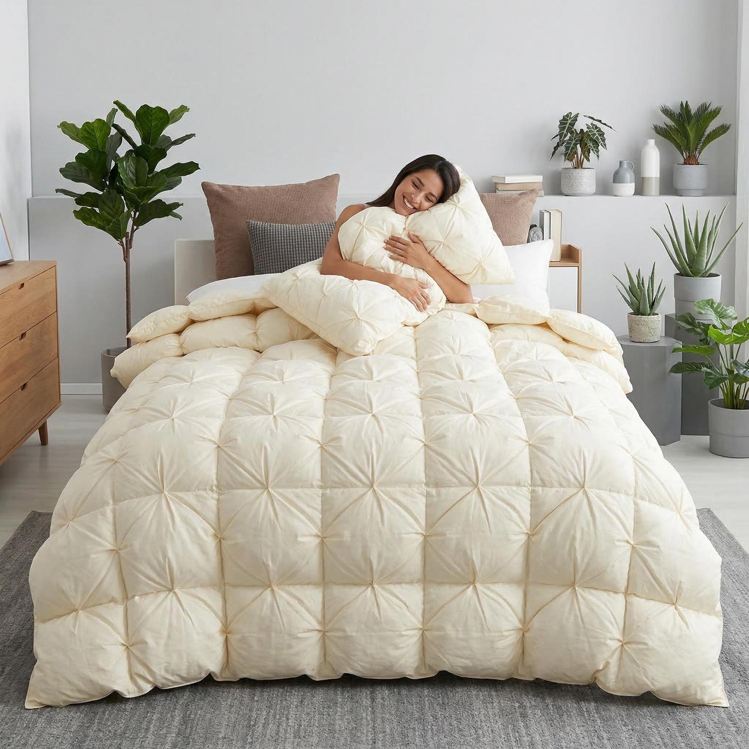 Elegant white goose down comforter with a twist flower design on a bed, woman holding a matching pillow.