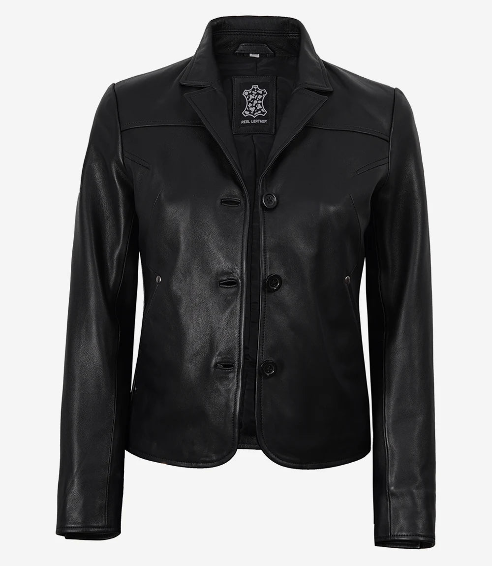 Elegant Women's Black Leather Jacket with 3 Button Closure-Leather Jackets-Glompi-Glompi