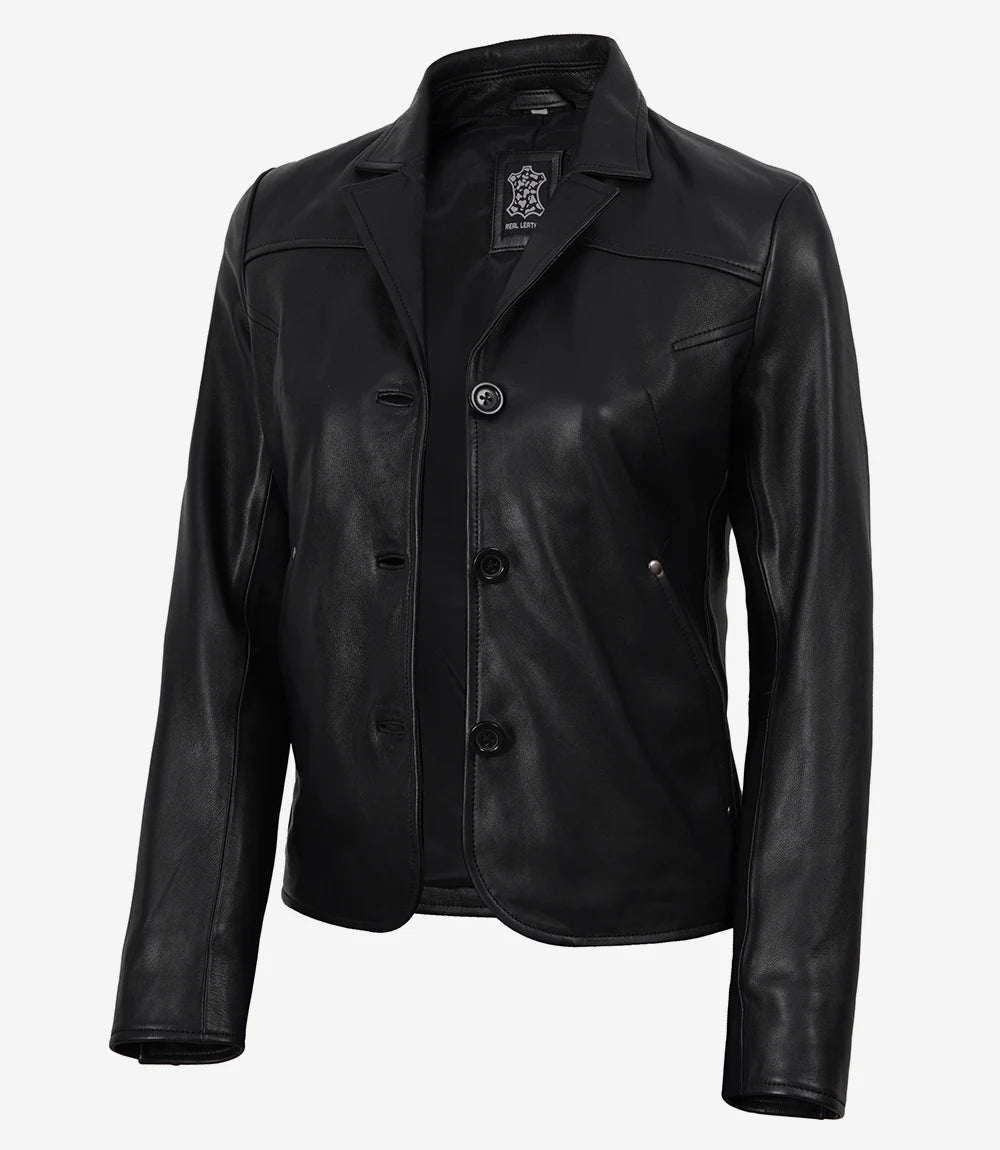 Elegant Women's Black Leather Jacket with 3 Button Closure-Leather Jackets-Glompi-Glompi