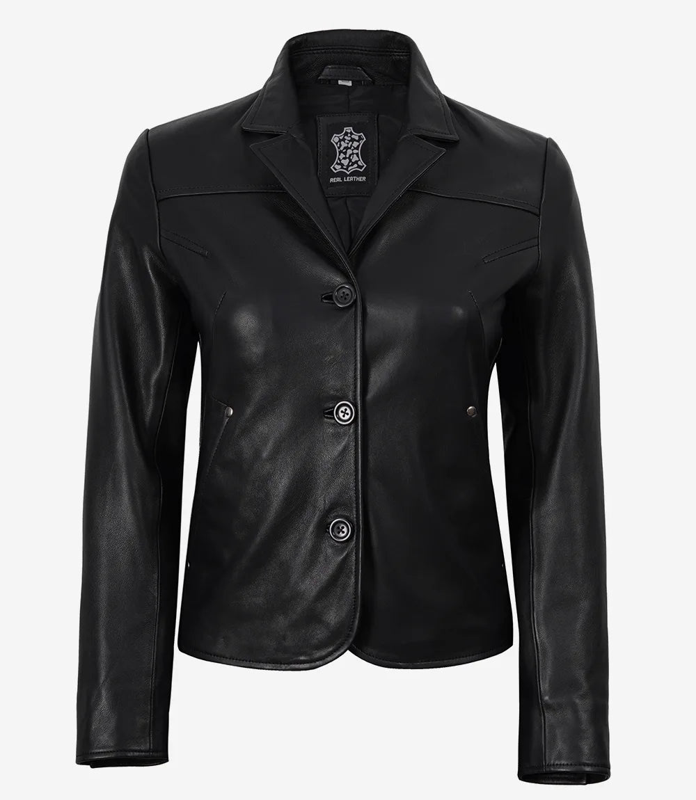 Elegant Women's Black Leather Jacket with 3 Button Closure-Leather Jackets-Glompi-Glompi
