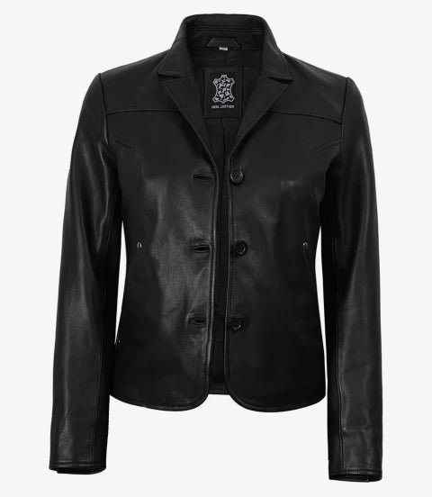 Elegant Women's Black Leather Jacket with 3 Button Closure-Leather Jackets-Glompi-XS-Glompi