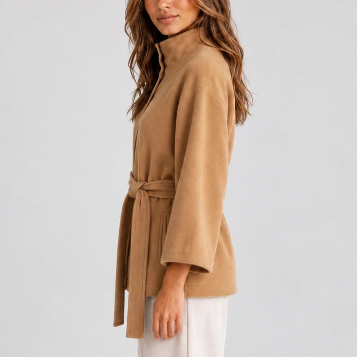 Elegant Women's Jacket with Stand Collar and Adjustable Belt 1