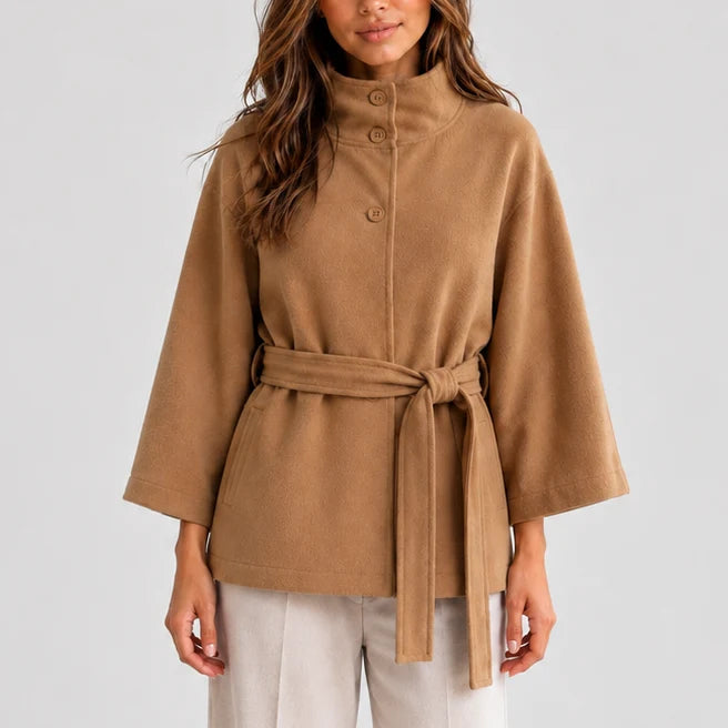 Elegant Women's Jacket with Stand Collar and Adjustable Belt 0