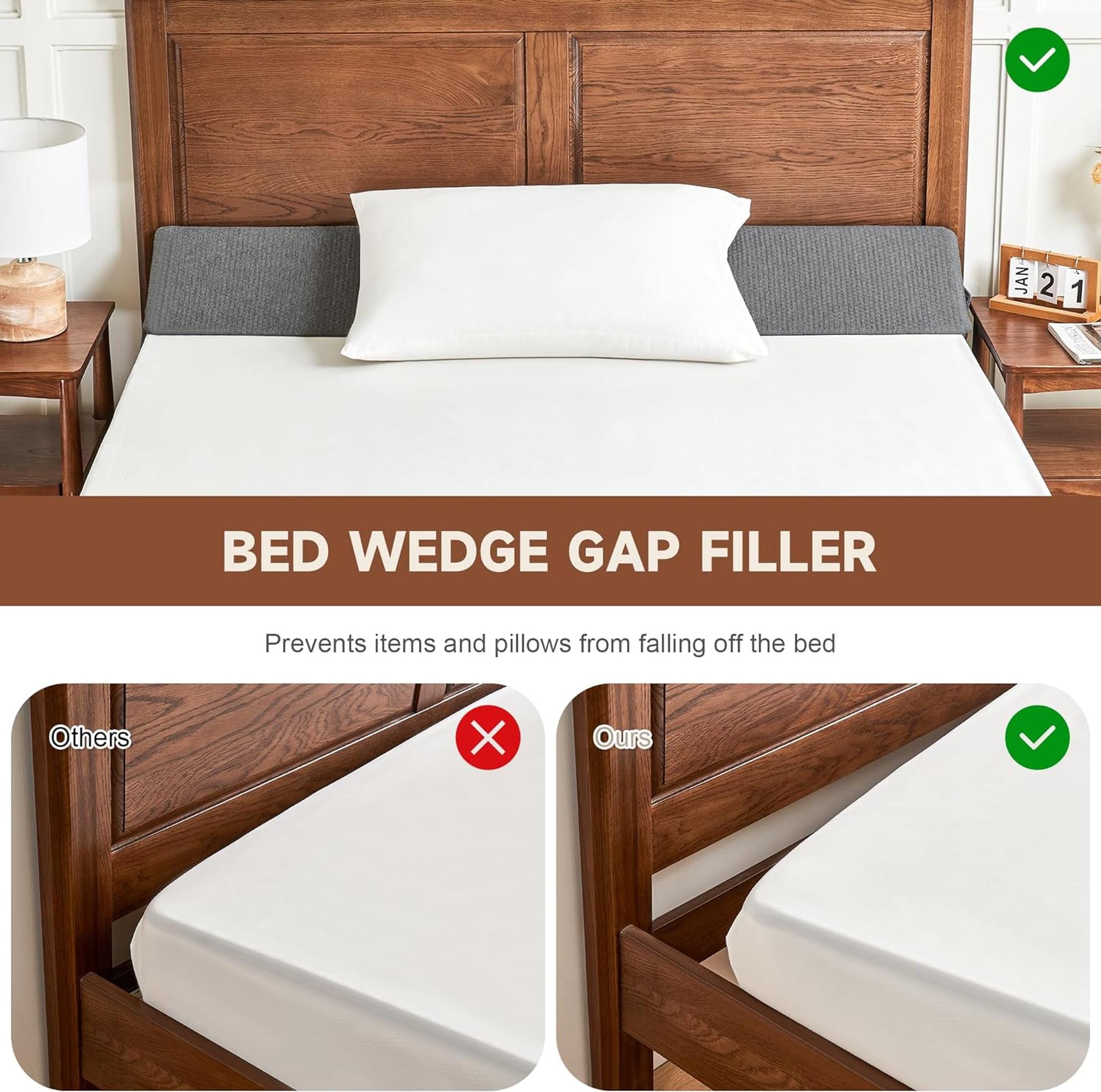 Gray fabric ElevateWedge gap filler pillow on a bed, preventing items from falling between mattress and headboard.