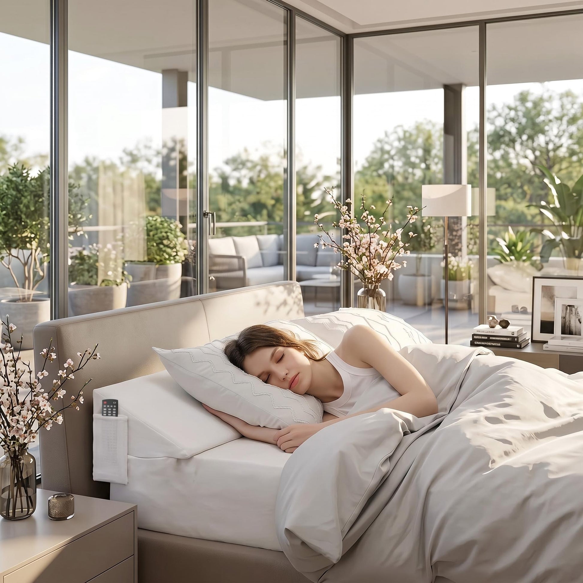 Woman sleeping soundly on a bed with a white ElevateWedge Gap Filler Pillow, preventing items from falling.