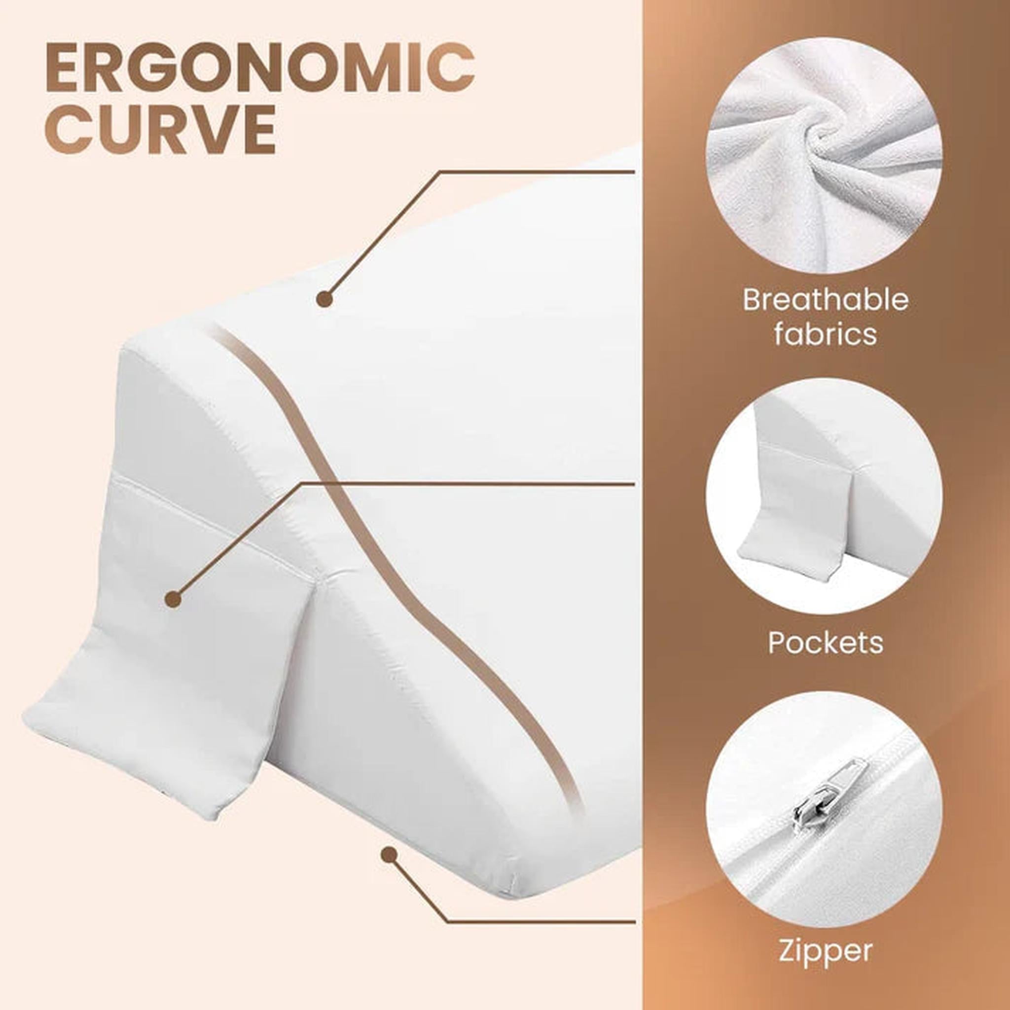 White ElevateWedge gap filler pillow with ergonomic curve, breathable fabric, side pockets, and zipper closure.