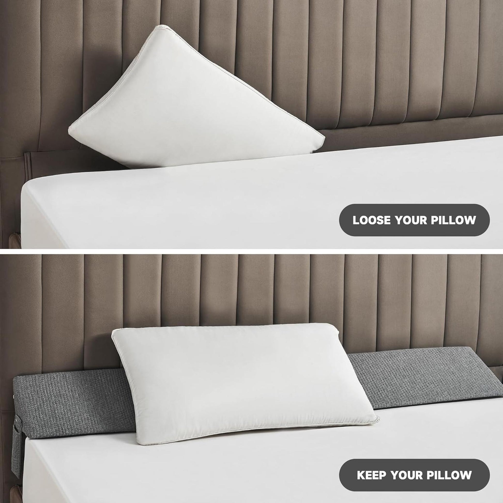 White ElevateWedge gap filler pillow in a bed, shown without and with the gray fabric wedge in place.