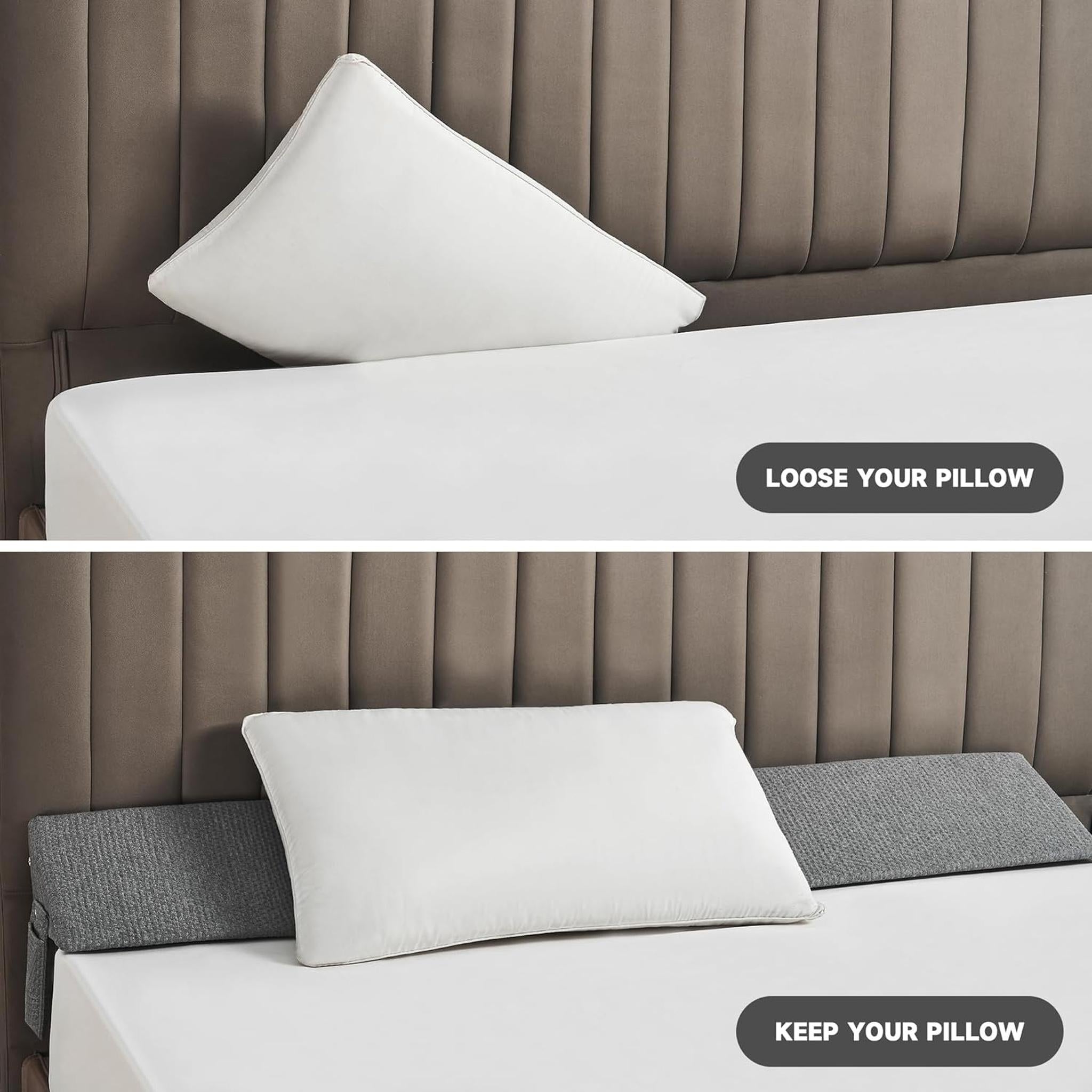 White ElevateWedge gap filler pillow in a bed, shown without and with the gray fabric wedge in place.