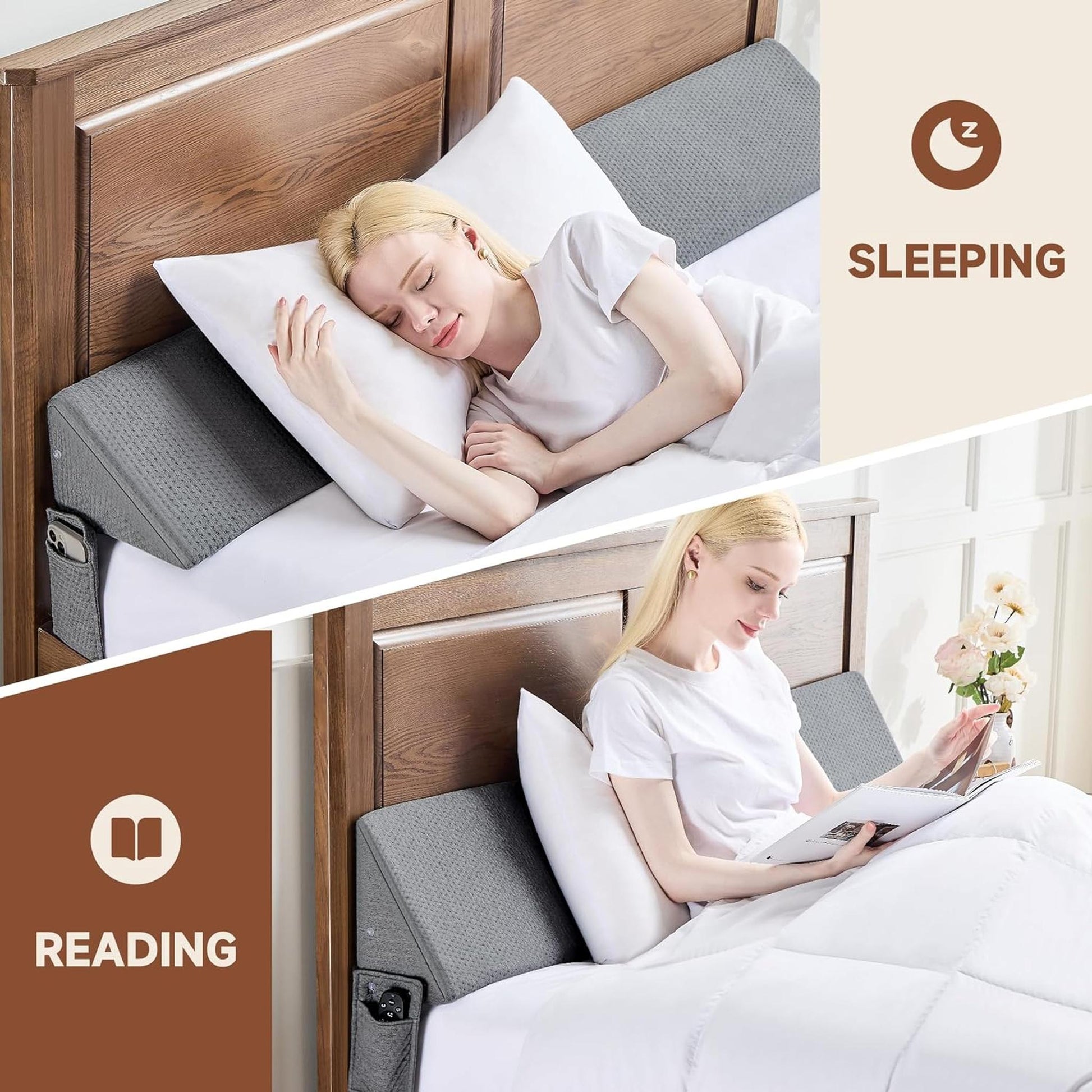 Gray ElevateWedge Gap Filler Pillow behind a white pillow, used for sleeping and reading in a wooden bed.