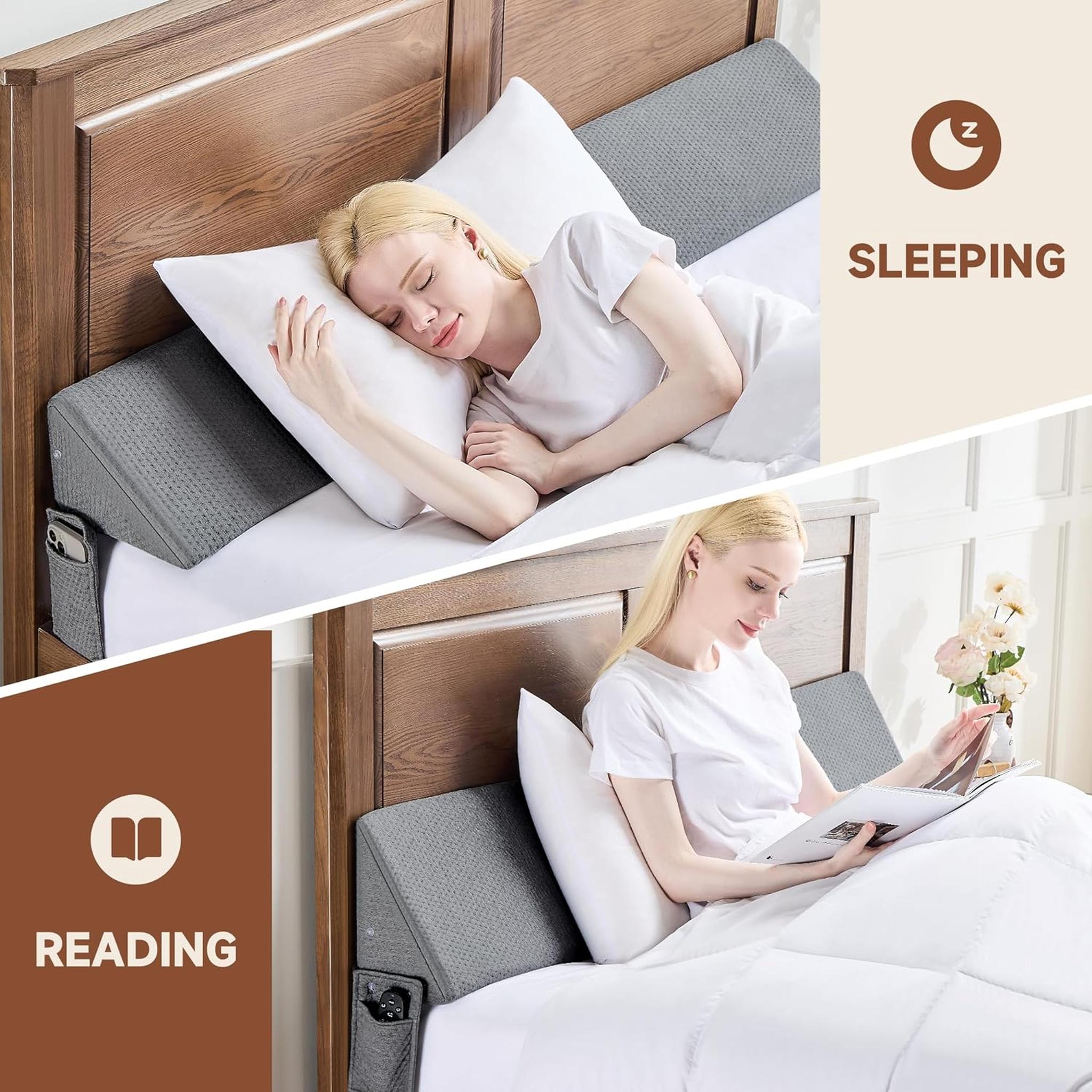 Gray ElevateWedge Gap Filler Pillow behind a white pillow, used for sleeping and reading in a wooden bed.