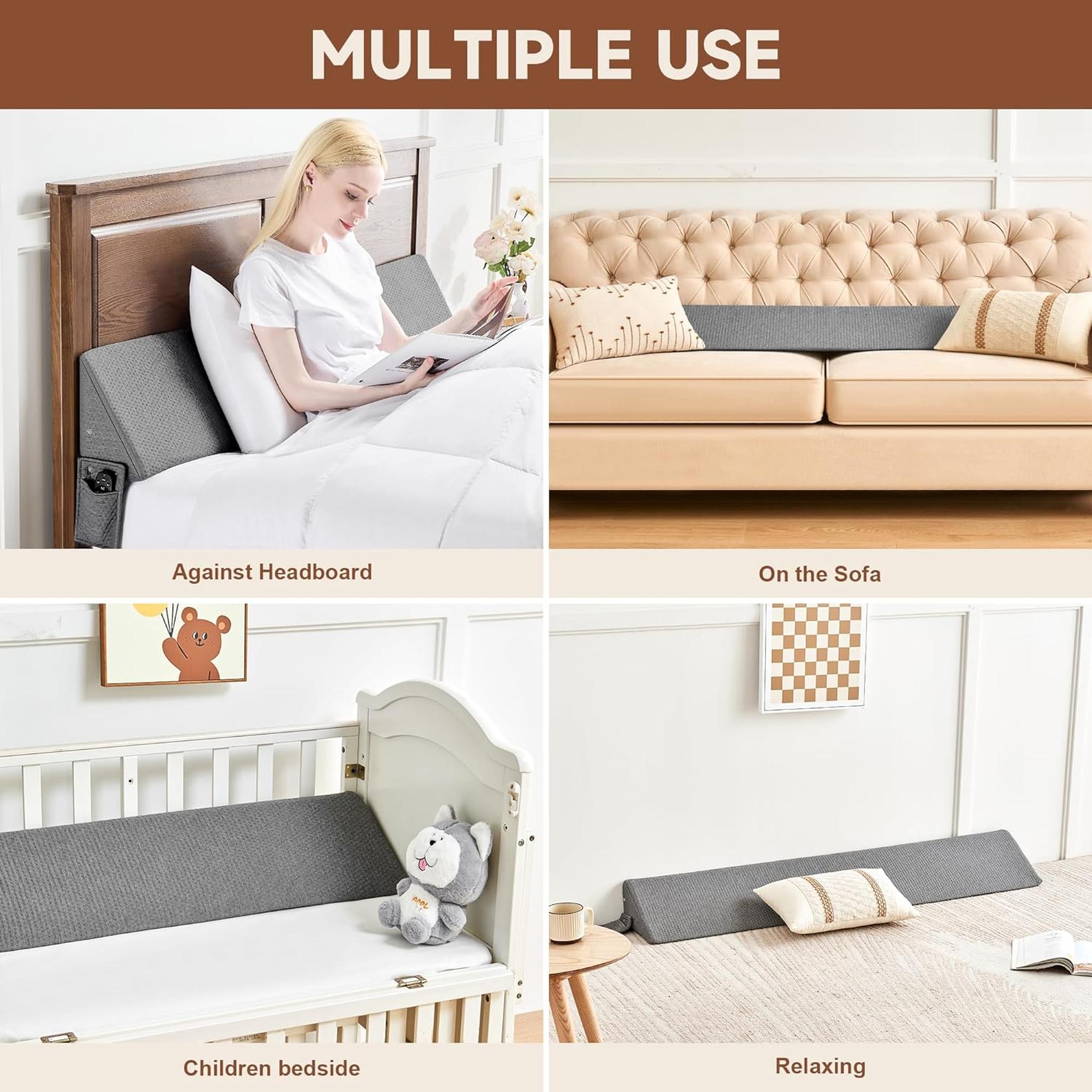 Gray ElevateWedge gap filler pillow used against a headboard, on a sofa, in a child's bed, and for relaxing.