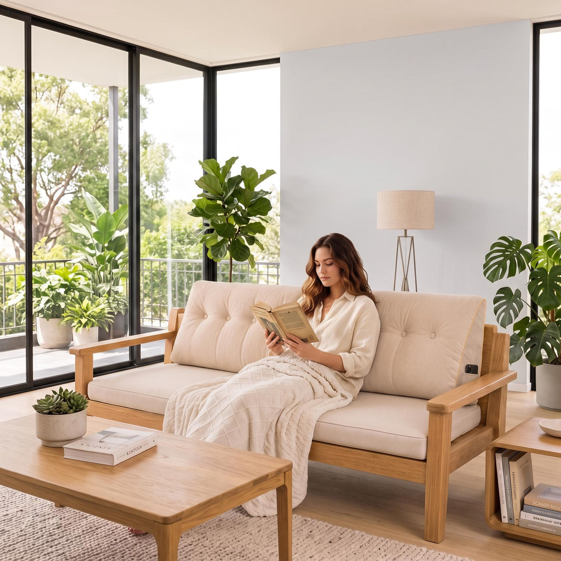 Woman reading on a beige tufted wedge pillow with a side pocket, set on a modern bed in a sunlit, minimalist bedroom.