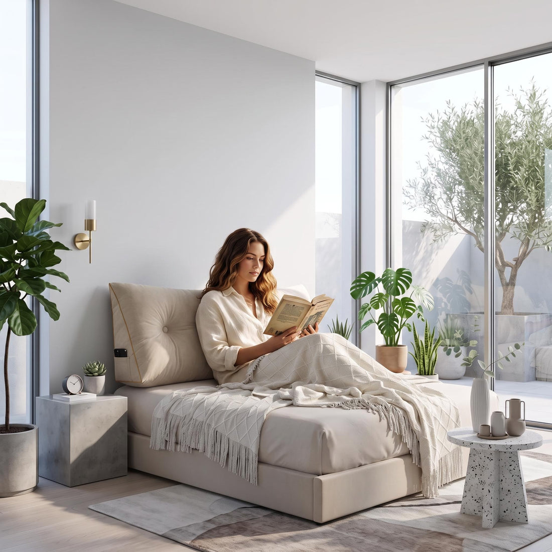 Woman reading on a beige tufted wedge pillow with a side pocket, set on a modern bed in a sunlit, minimalist bedroom.