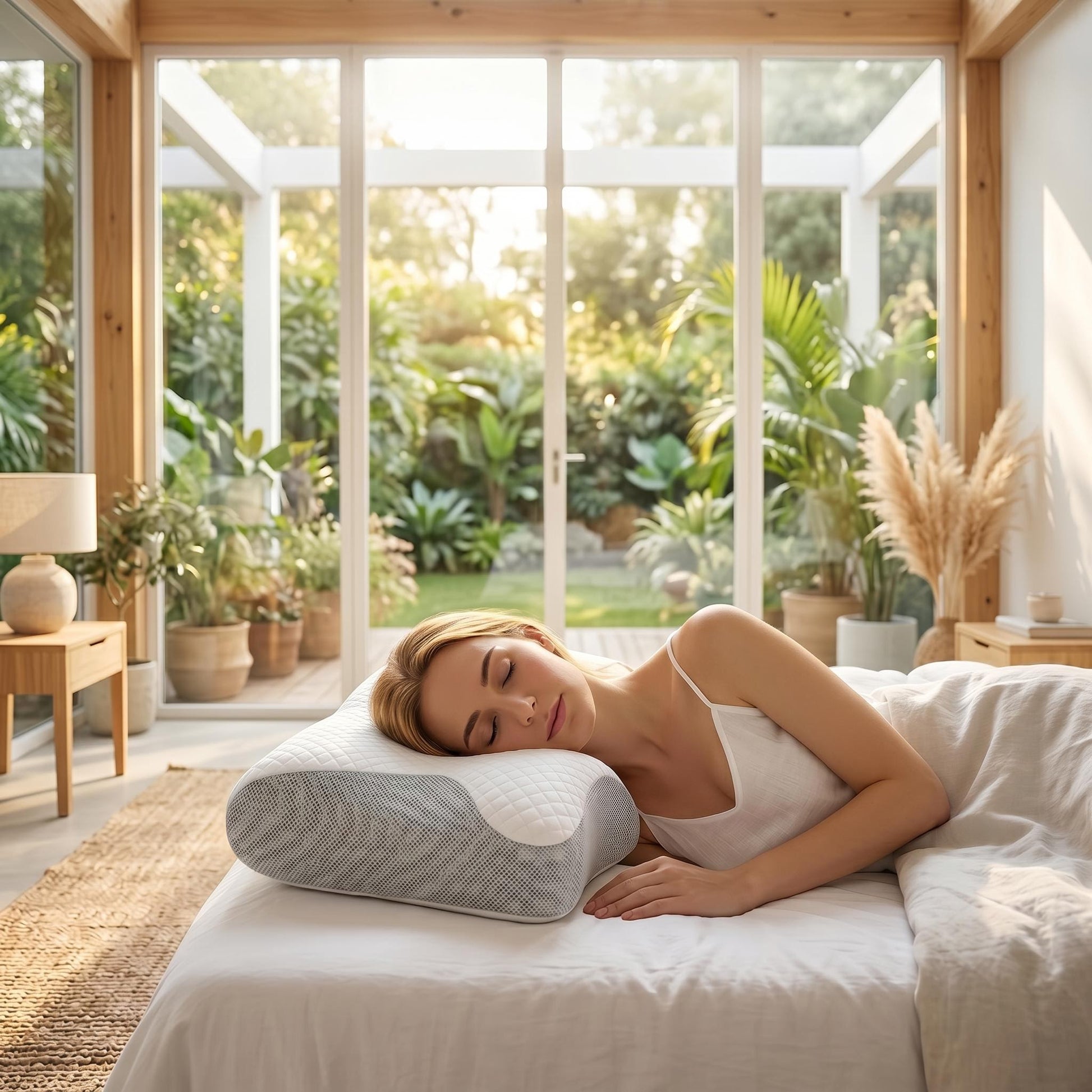 Woman sleeping peacefully on a white and gray butterfly-shaped memory foam neck support pillow.