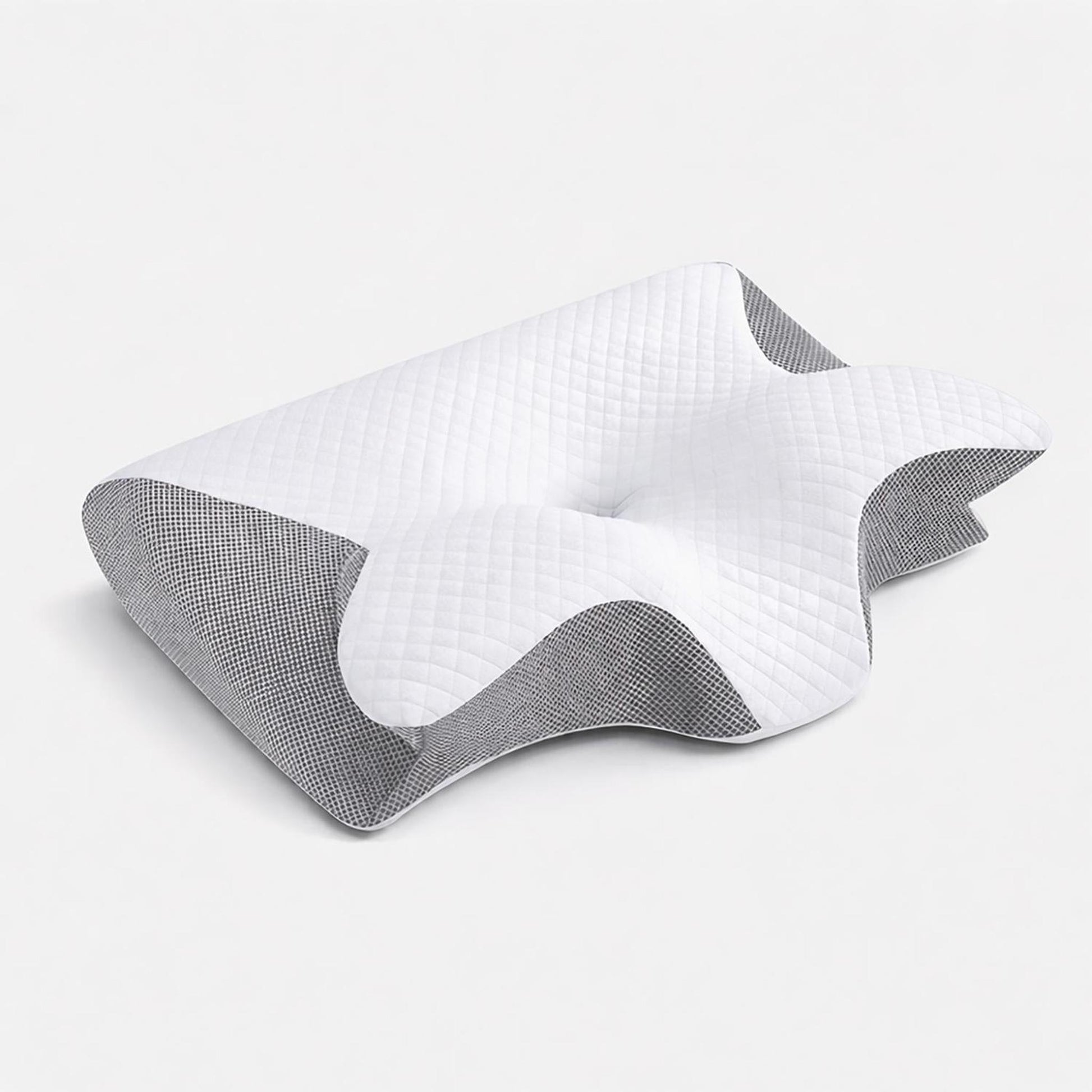 White butterfly-shaped memory foam neck support pillow with quilted texture and gray patterned sides.