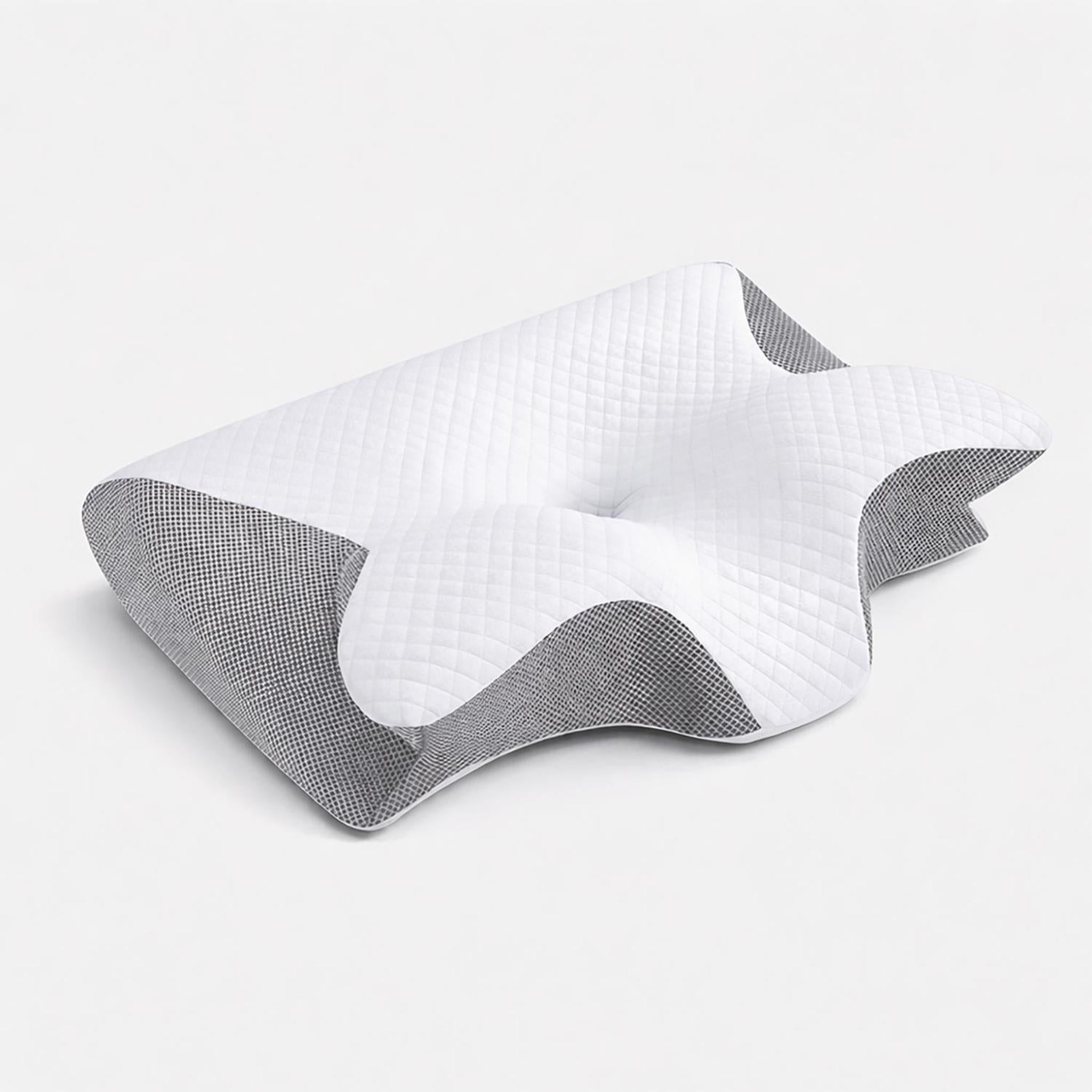 White butterfly-shaped memory foam neck support pillow with quilted texture and gray patterned sides.